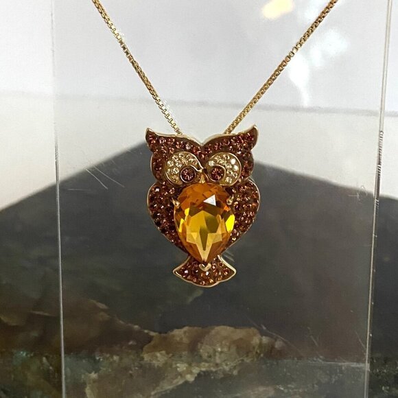 Gold Vermeil Sterling Silver 925 Brown Orange Rhinestone Owl Pendant Necklace - Picture 5 of 16